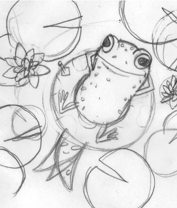 Pencil sketch of pollywog resting on a lilypad.