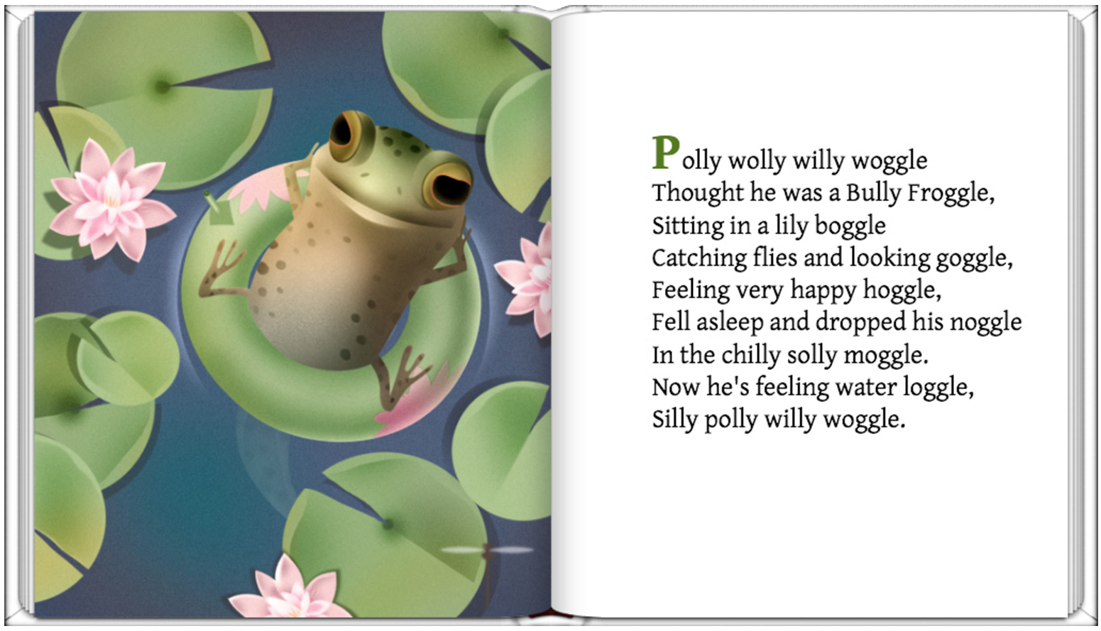 Two page spread from Henry's Rhymes From Walden showing pollywog resting on a lilypad with the accompanying rhyme.